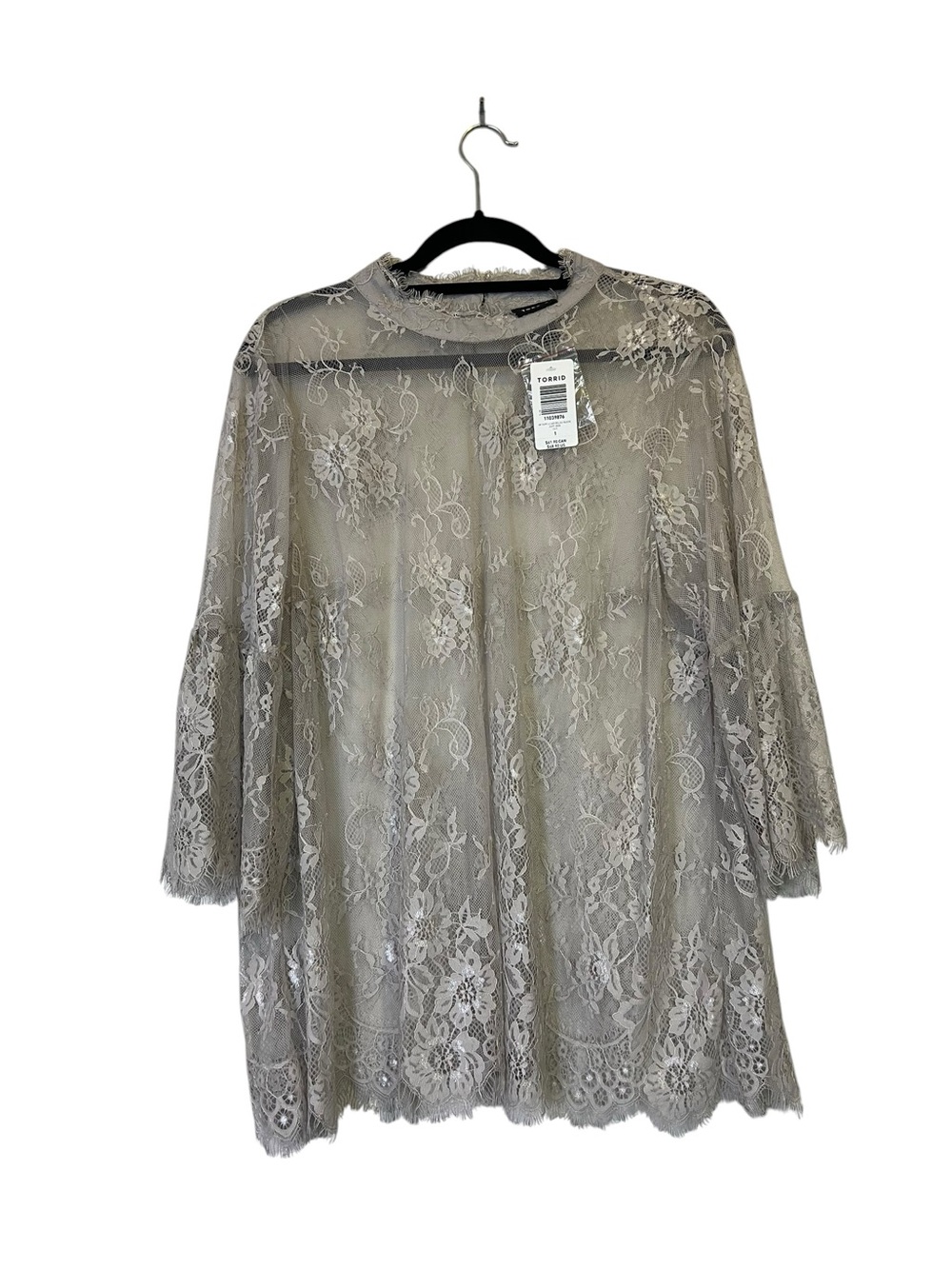 Torrid NWT Women’s Size 1 Taupe Lace Sheer Bell-Sleeve Feminine Floral Blouse